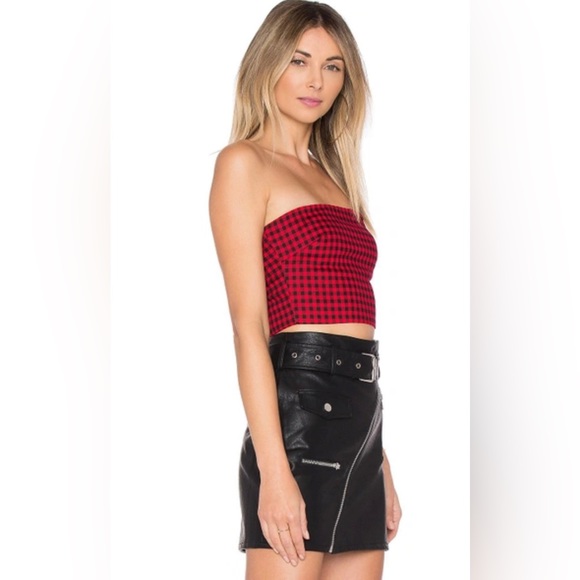 I AM GIA Alexis Checkered Strapless Crop Top Red Black SZ S - Picture 2 of 12
